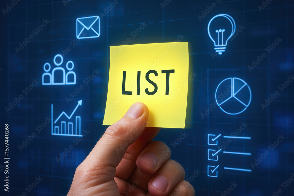 Poster an emphasis on organization and planning is highlighted by pressing a luminous note on a virtual das