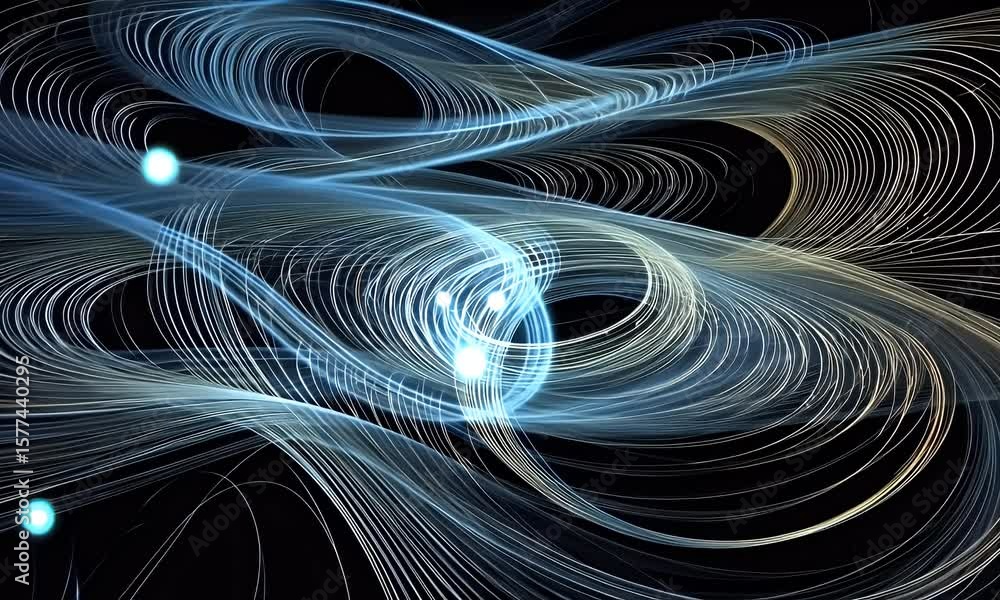 Poster 3d render of swirling lines and dots on a black background, a data visualization concept art piece. 