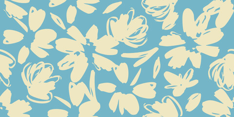 Hand drawn flowers on blue backgrounds, seamless patterns with floral for fabric, textiles, clothing, wrapping paper, cover, banner, interior decor.