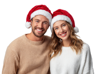 Joyful Christmas Couple: A handsome man and beautiful woman, both donning Santa hats, radiate happiness and warmth, their beaming smiles perfectly capturing the spirit of the season.