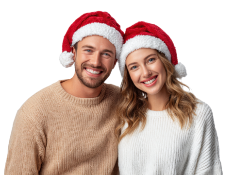 Joyful Christmas Couple: A handsome man and beautiful woman, both donning Santa hats, radiate happiness and warmth, their beaming smiles perfectly capturing the spirit of the season.