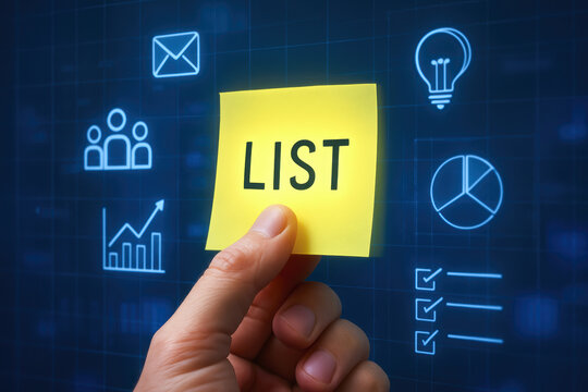 An emphasis on organization and planning is highlighted by pressing a luminous note on a virtual dashboard filled with business data and strategy icons