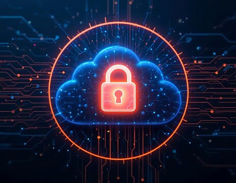 image of secure cloud storage icon with digital data lines and glowing lock symbol, deep space style dark background
