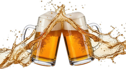 Two frosty beer mugs clinking together with a dynamic splash of golden lager and frothy foam against a clean white background