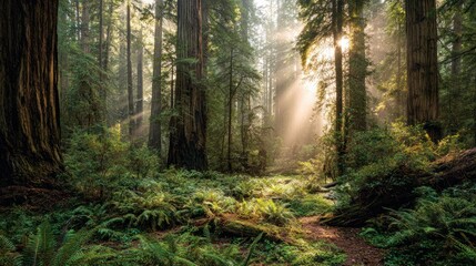 Obraz premium Sunlight streams through redwood forest