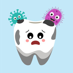 Tooth Character Cries Because of Germs. Tooth Decay Vector Illustration for Children Dental Clinic Poster Template Design. Cracked or Broken Teeth Illustration