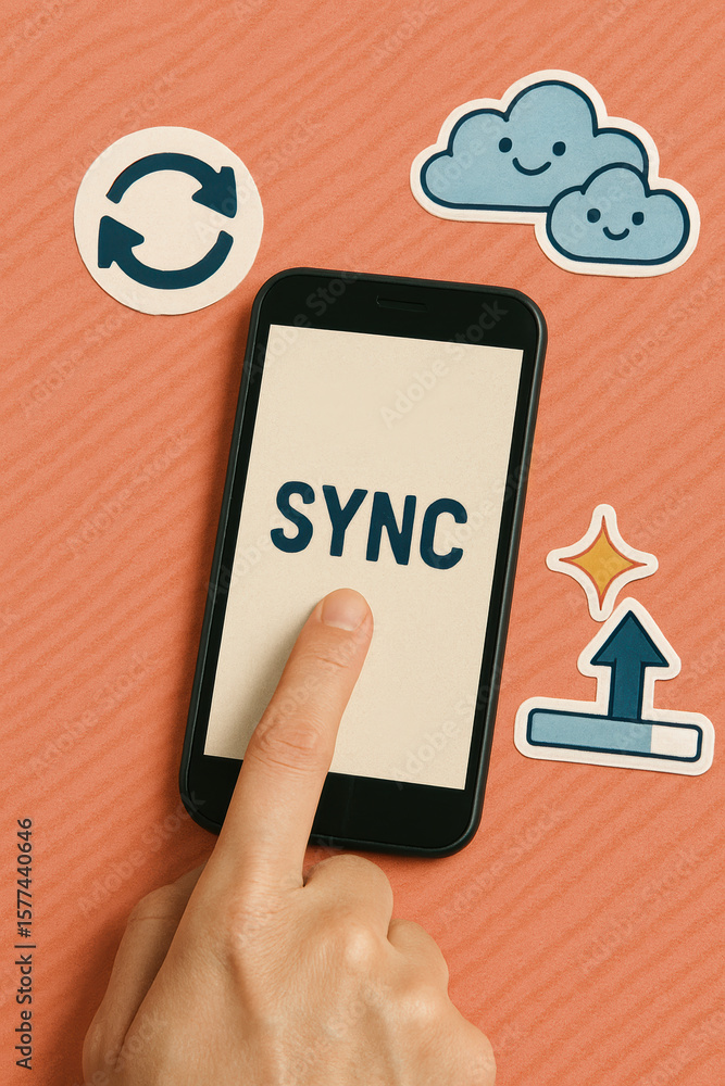 Poster a initiates data synchronization on a smartphone symbolizing cloud connection and digital workflow