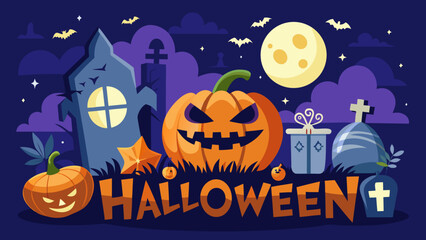 Halloween night scene with pumpkins, tombstones, bats, moon, and halloween text design vector