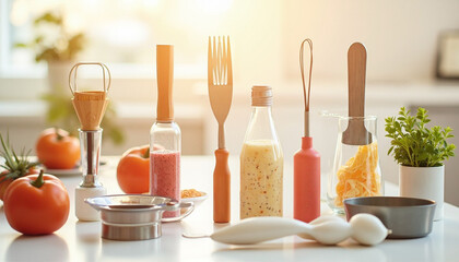 Culinary scene on a sunlit kitchen countertop featuring fresh ingredients and food prep tools