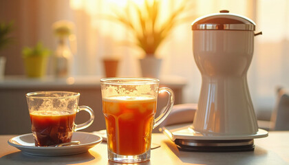 Warm Morning Sunlight Illuminates Two Glasses of Refreshing Drinks on a Home Tabletop