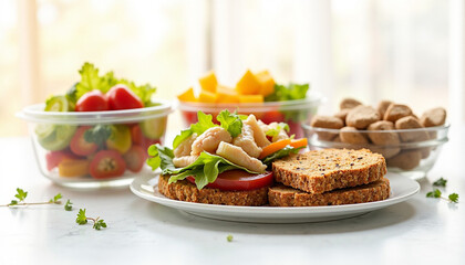 A Healthy Meal Display Featuring a Sandwich, Salad Components, and Snacks on a White Surface