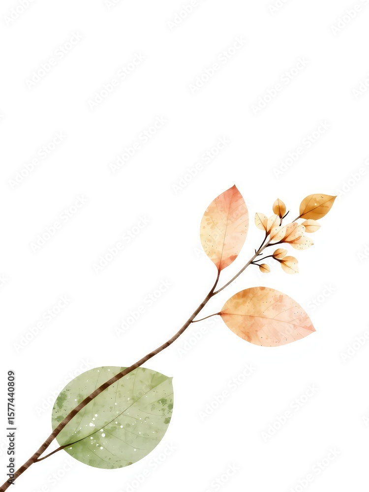 Aufkleber delicate twig with an array of colorful leaves against a clean white backdrop, ideal for adding a ge