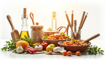 Aesthetic arrangement of culinary ingredients and utensils for creative gastronomy projects