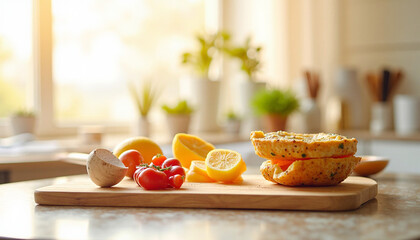 Sunlit kitchen scene featuring fresh produce on a wooden board with bright background