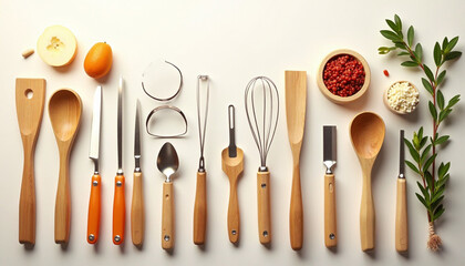 Assortment of wooden and metal kitchen tools paired with natural ingredients flat lay