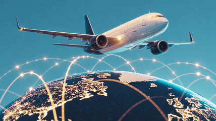 Obraz premium Photorealistic image of a passenger airplane flying over Earth at night, with a glowing network of flight paths connecting cities below. View from space.