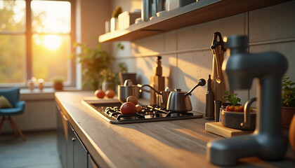 Sunlight streams onto a modern kitchen counter with ingredients and appliances