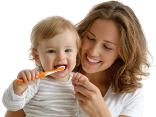 Nurturing Oral Health: A tender moment of a mother assisting her baby with teeth brushing, highlighting the importance of early oral care and family wellness.