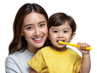 Smile Time: A tender moment of oral hygiene unfolds as a caring mother guides her child in brushing their teeth, promoting dental health and a bright smile.