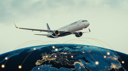 Obraz premium Photorealistic image of a passenger airplane flying over Earth at night, with a glowing network of flight paths connecting cities below. View from space.