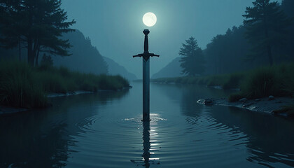 A Mystical Sword in a River Illuminated by the Moon and Surrounded by Trees