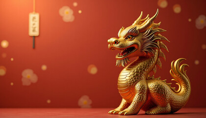 Majestic Golden Dragon Sculpture Against a Vibrant Auspicious Red Background Symbolizing Strength