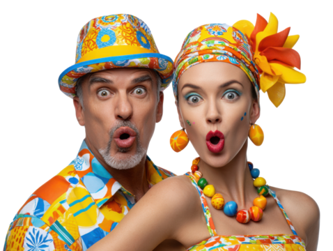 Unexpected Delight: A couple in vivid, tropical-themed attire shares an astonished expression, their faces capturing a moment of surprise and excitement in a playful and spirited scene.
