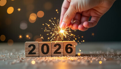 Welcoming the Year 2026 with Festive Sparkler and Bokeh Illumination on Wooden Blocks