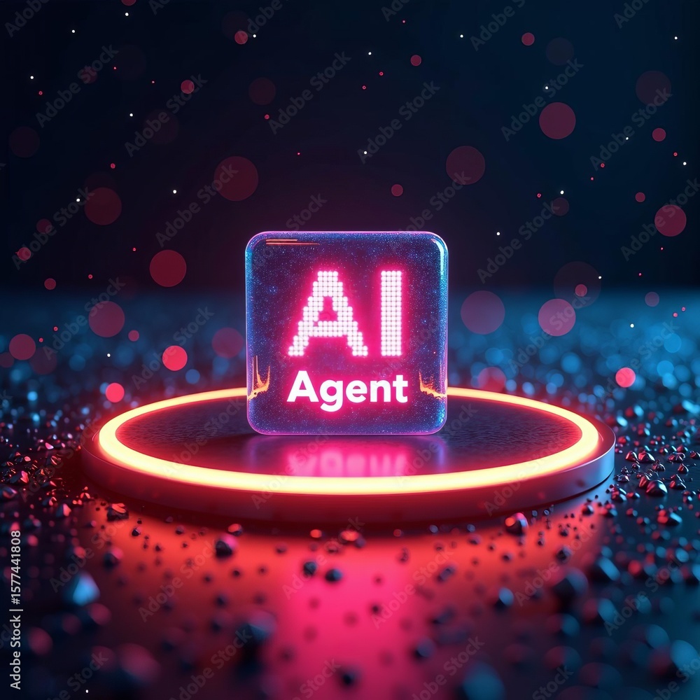 Poster artificial intelligence agent concept with glowing digital cube, futuristic technology innovation an