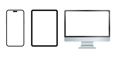 Digital Display Trio: A modern composition featuring a smartphone, tablet, and desktop monitor, all displaying blank screens, offering versatile mock-up opportunities.
