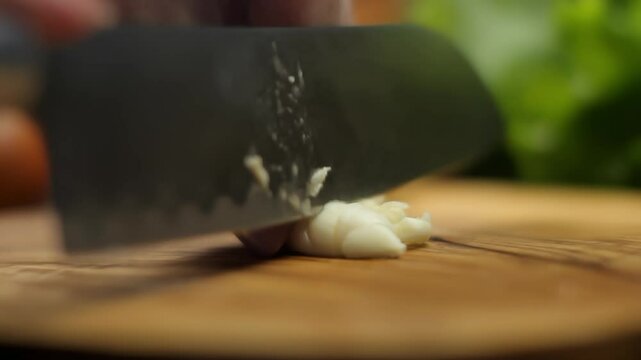 A closeup shot of a sharp knife crushing and chopping a fresh garlic clove on a wooden board. This culinary process releases the aromatic flavor for a delicious homemade recipe