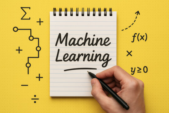 A writes the term representing advanced data-driven processes on a notepad symbolizing algorithmic development and analytical thinking in a business context