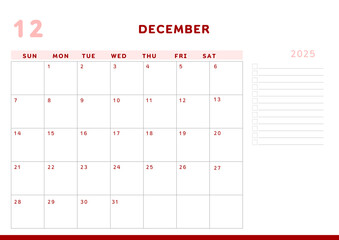 Calendar 2025 Planner A4 Document - December 2025	