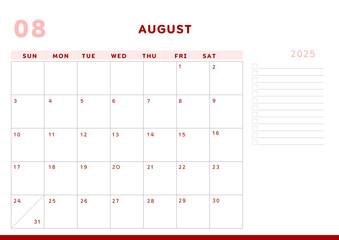 Calendar 2025 Planner A4 Document - August 2025	