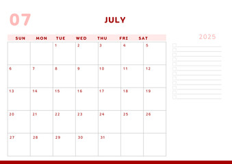 Calendar 2025 Planner A4 Document - July 2025	