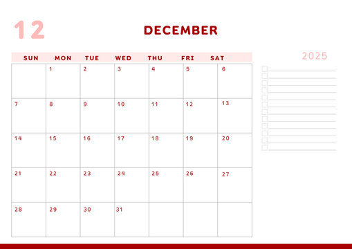 Calendar 2025 Planner A4 Document - December 2025	