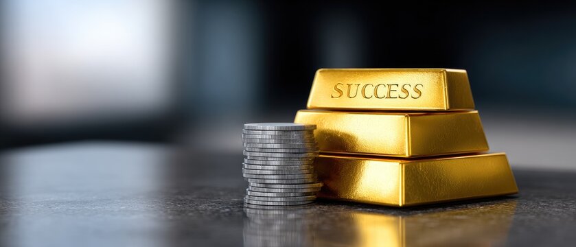 success wealth mindset concept Gold bars and coins symbolizing wealth and success on a polished surface.