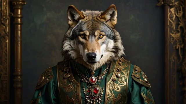 Regal wolf dressed as a king with crown and robe in a majestic forest setting at dusk