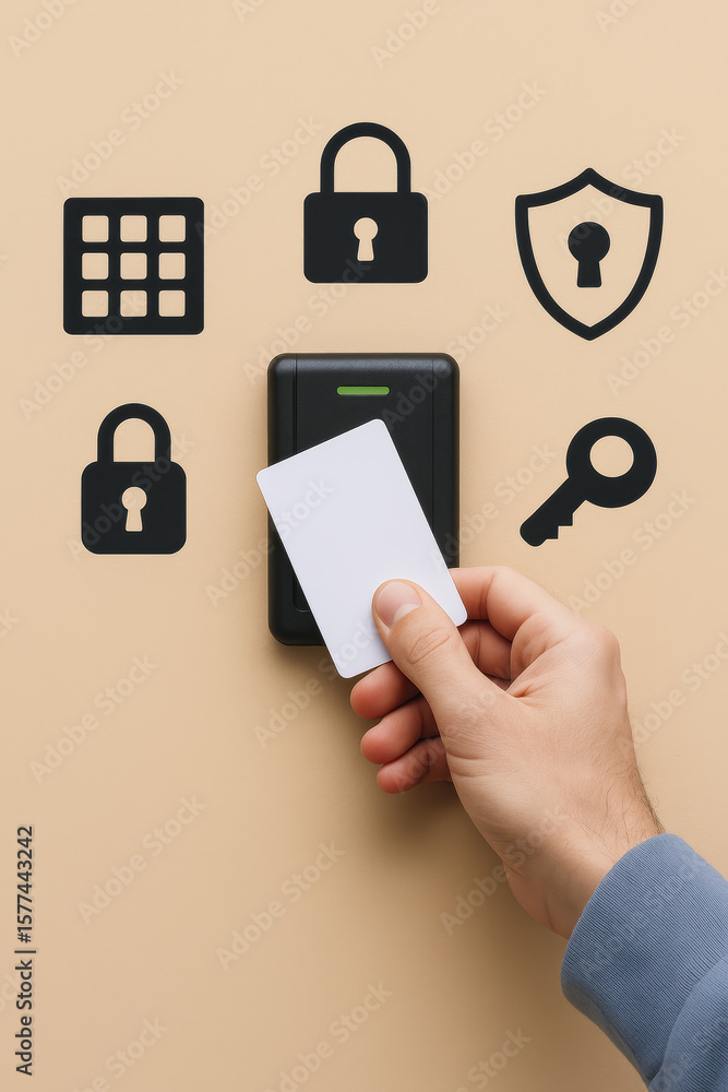 Poster a using an access card to operate a security system symbolizes controlled entry and protection in bu
