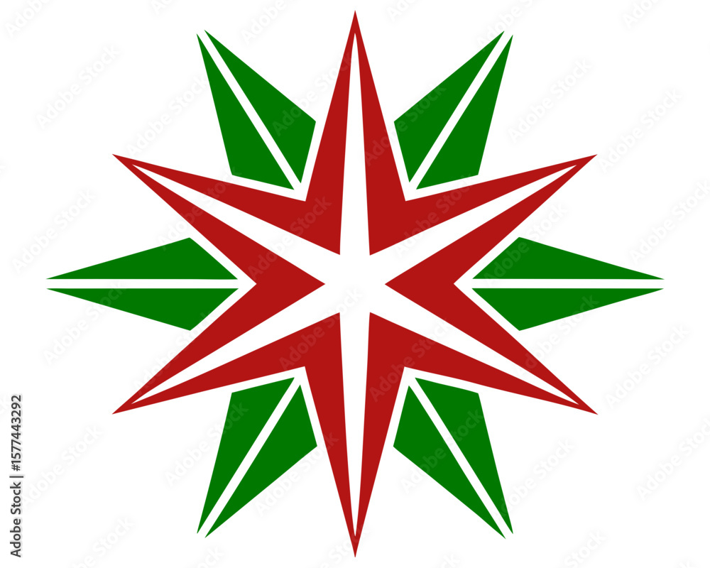 Poster geometric starburst design with red and green triangles on a transparent background