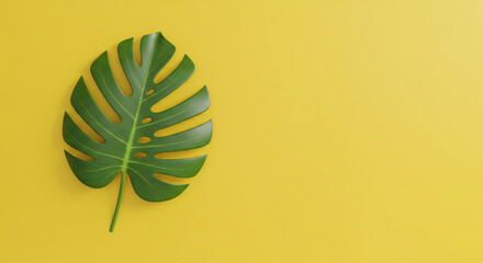 Striking Split Leaf Tropical Plant Element on Bright Sunny Yellow Surface Background