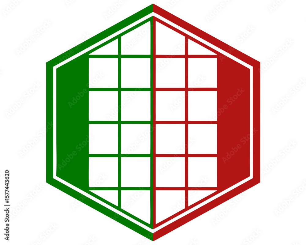 Poster abstract hexagonal design with red and green sections and geometric grid structure
