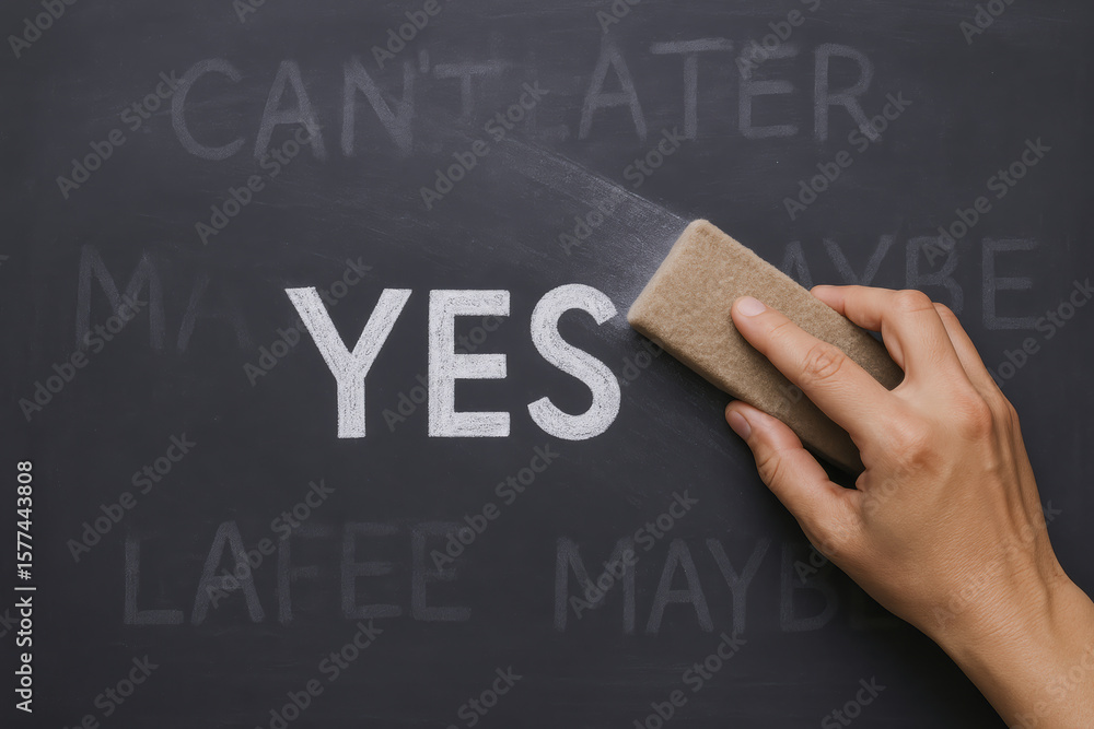 Aufkleber decisive action is shown as a removes uncertainty from a chalkboard leaving clear affirmation to sym