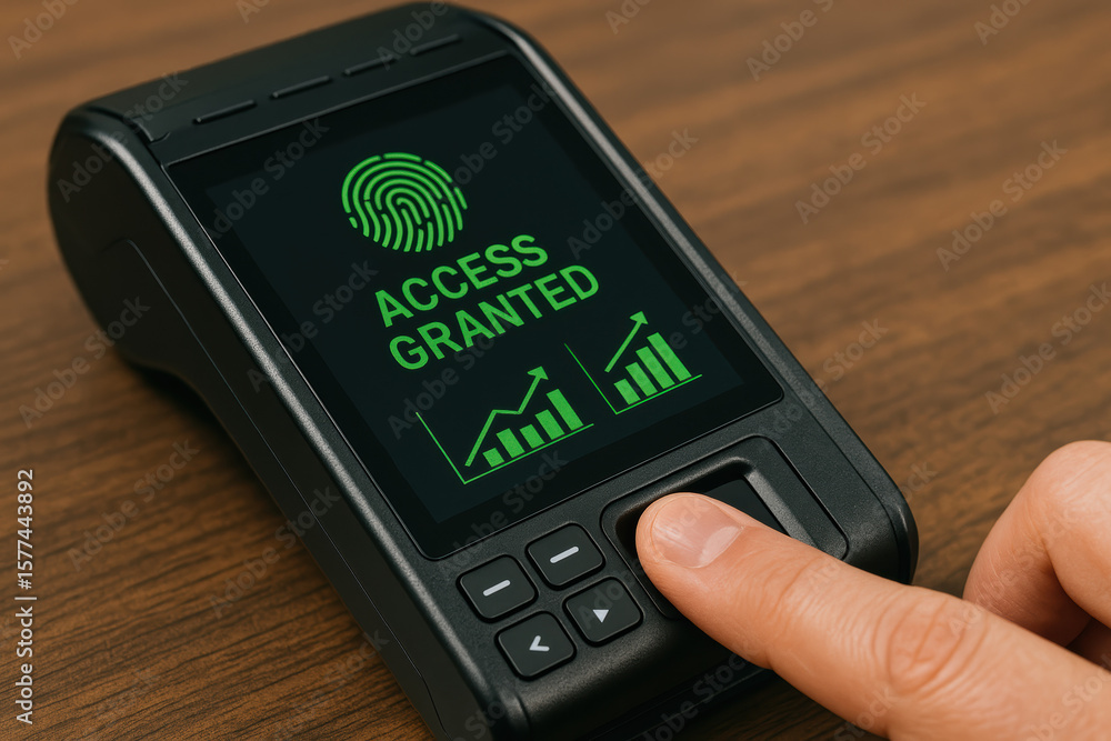 Poster successful identity verification unlocks secure financial authorization shown by a fingerprint scan 