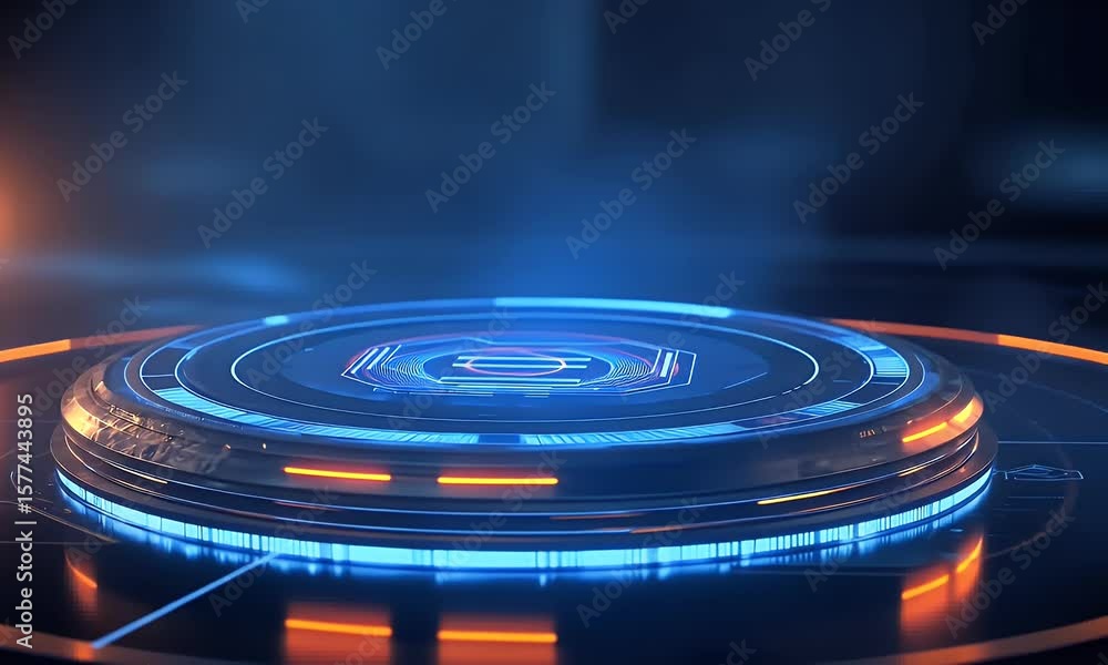 Poster abstract futuristic blue technology background with glowing circular podium and hologram elements fo