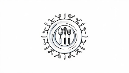 Naklejka premium Simple line drawing of a plate with fork and spoon for dining and food concepts