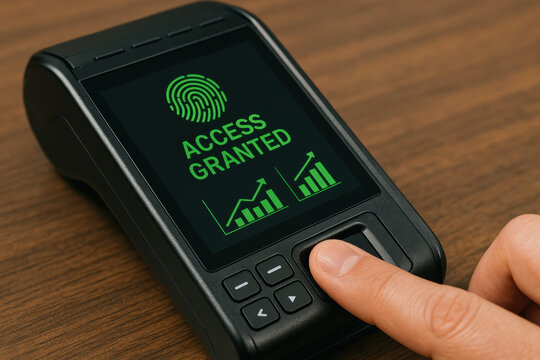 Successful identity verification unlocks secure financial authorization shown by a fingerprint scan with growth charts displayed on screen