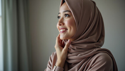 Joyful Muslim Woman Wearing Hijab Smiling Looking Away by Window Light Indoor