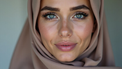 Radiant portrait of a young woman in a serene hijab with striking blue eyes and a gentle smile