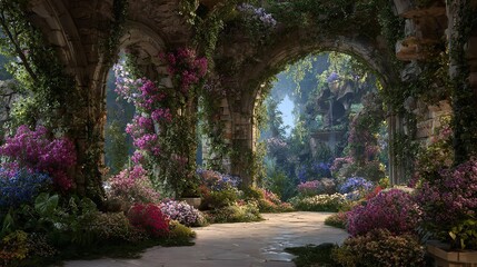 Obraz premium Enchanting Secret Garden: A whimsical secret garden, bathed in natural light and overgrown with blossoming flora, offers a glimpse into a fairytale landscape, inviting tranquility.